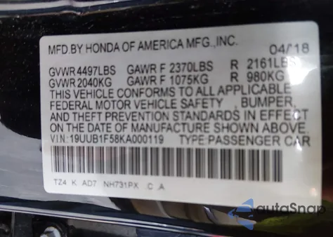 2019 Acura Tlx Tech Pkg from USA, damaged, VIN 19UUB1F58KA000119